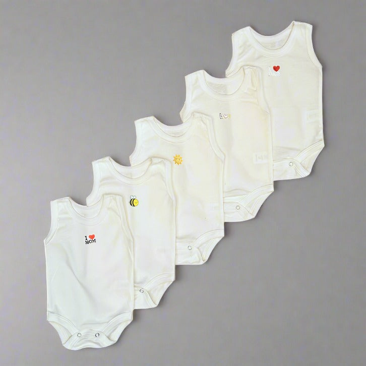 A set of five sleeveless Carter's summer bodysuits for babies, crafted from ultra-soft cotton, is displayed in a diagonal line on a gray background. Each gender-neutral romper showcases a small, colorful chest design, featuring motifs such as an apple, moon, sun, and heart.