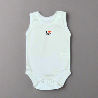 Crafted from ultra-soft cotton, this white bodysuit from Carter's features "I ♥ MOM" printed on the front. With its gender-neutral design and plain gray background, this onesie is an ideal choice for any baby. Part of a pack of five Carter's Sleeveless Summer Bodysuits for baby girls and boys, it offers both comfort and style.