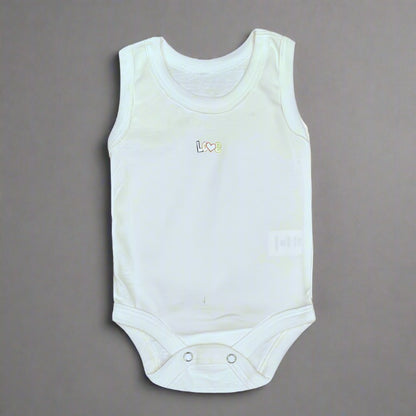 This pack of 5 Carter's sleeveless summer bodysuits, made from ultra-soft cotton, features a white baby onesie with the word "Love" embroidered in pastel colors on the chest. Designed for easy fastening, it includes snaps at the bottom and offers a gender-neutral style suitable for any little one. The background is a plain gray surface.