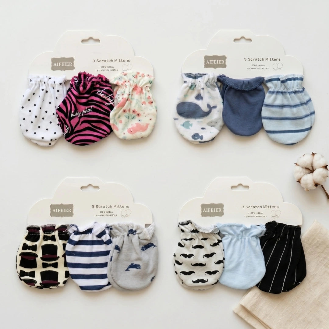 Baby Scratch Mittens — Pack of 3 | 4 Print Variants, 0–6M