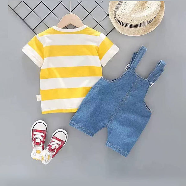 Unisex 2 Pcs Half Sleeves Cute Denim Dungaree with yellow striped shirt