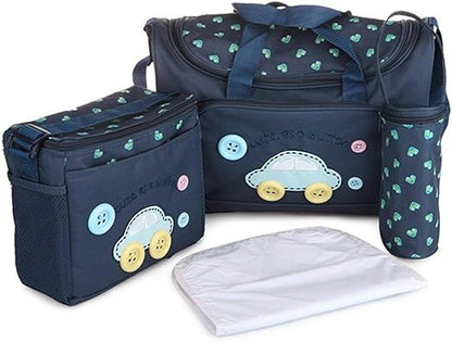 The Alaya Junior Baby Diaper Bag 4 PCS Set includes a striking set of blue diaper bags adorned with car designs and colorful button wheels. This collection consists of a large shoulder bag, an insulated bottle holder, a smaller bag, and a changing mat—all made from stylish skin-friendly material in a cohesive blue and green pattern. Ideal for organizing baby care essentials!