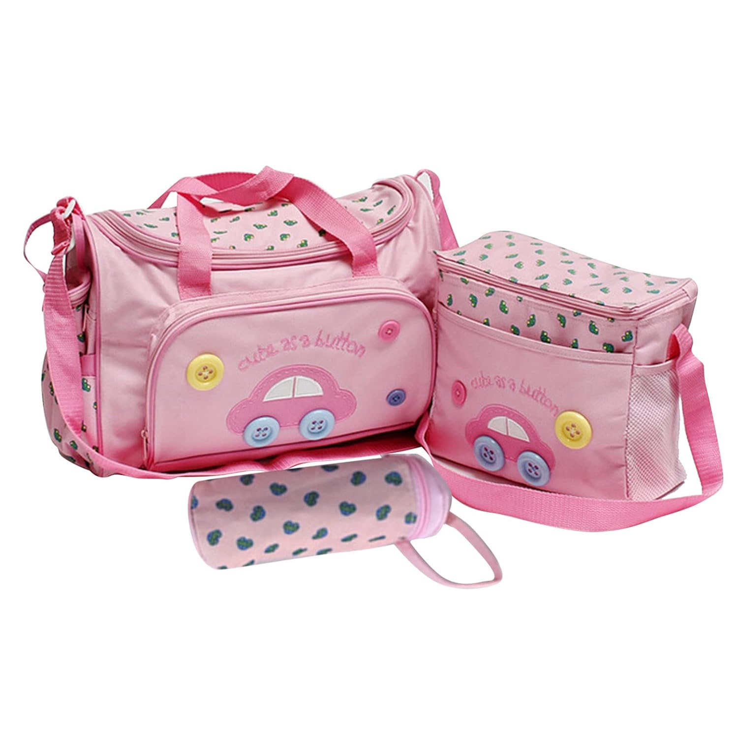 The Alaya Junior Baby Diaper Bag 4 PCS Set includes a delightful collection of pink bags adorned with car and button designs. This set features a large bag with handles, a smaller heart-patterned bag, and a cylindrical zippered pouch, all made from stylish, skin-friendly material to help organize your baby care essentials.