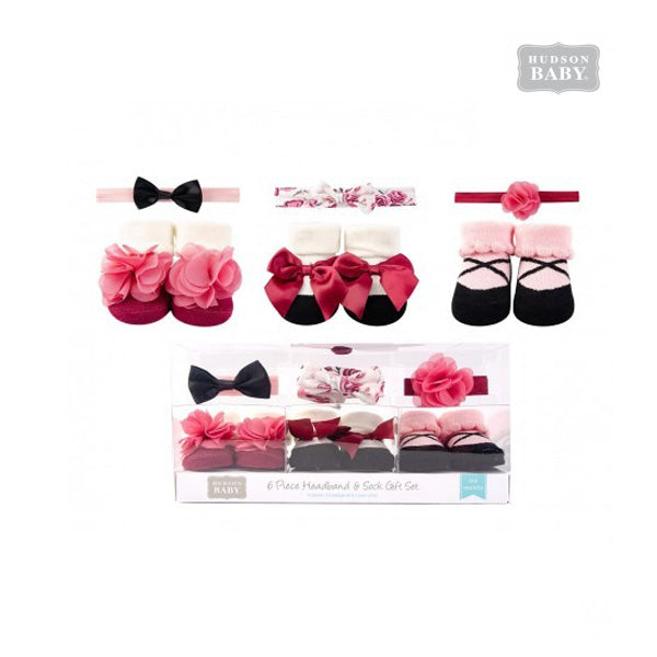 Hudson Baby 3pcs Headband and 3pcs Socks Gift Set for Baby Girls - Floral & Pink