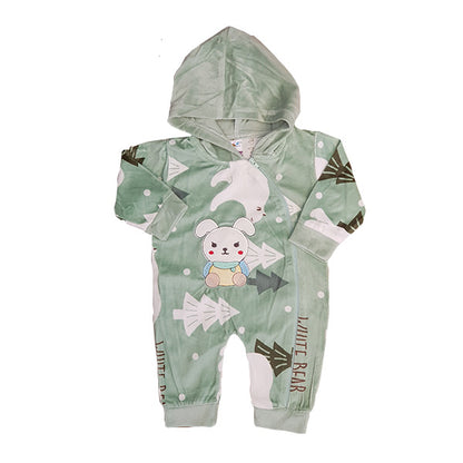 The Alaya Junior Crew Neck Adorable Warm Winter Zipper Romper is a delightful green baby onesie with a hood, designed for newborns in Pakistan. It features a charming bunny and bear design with a white bear on the chest, a bunny holding a bear toy on the front, white tree patterns, and "WHITE BEAR" text along the sleeves and legs.