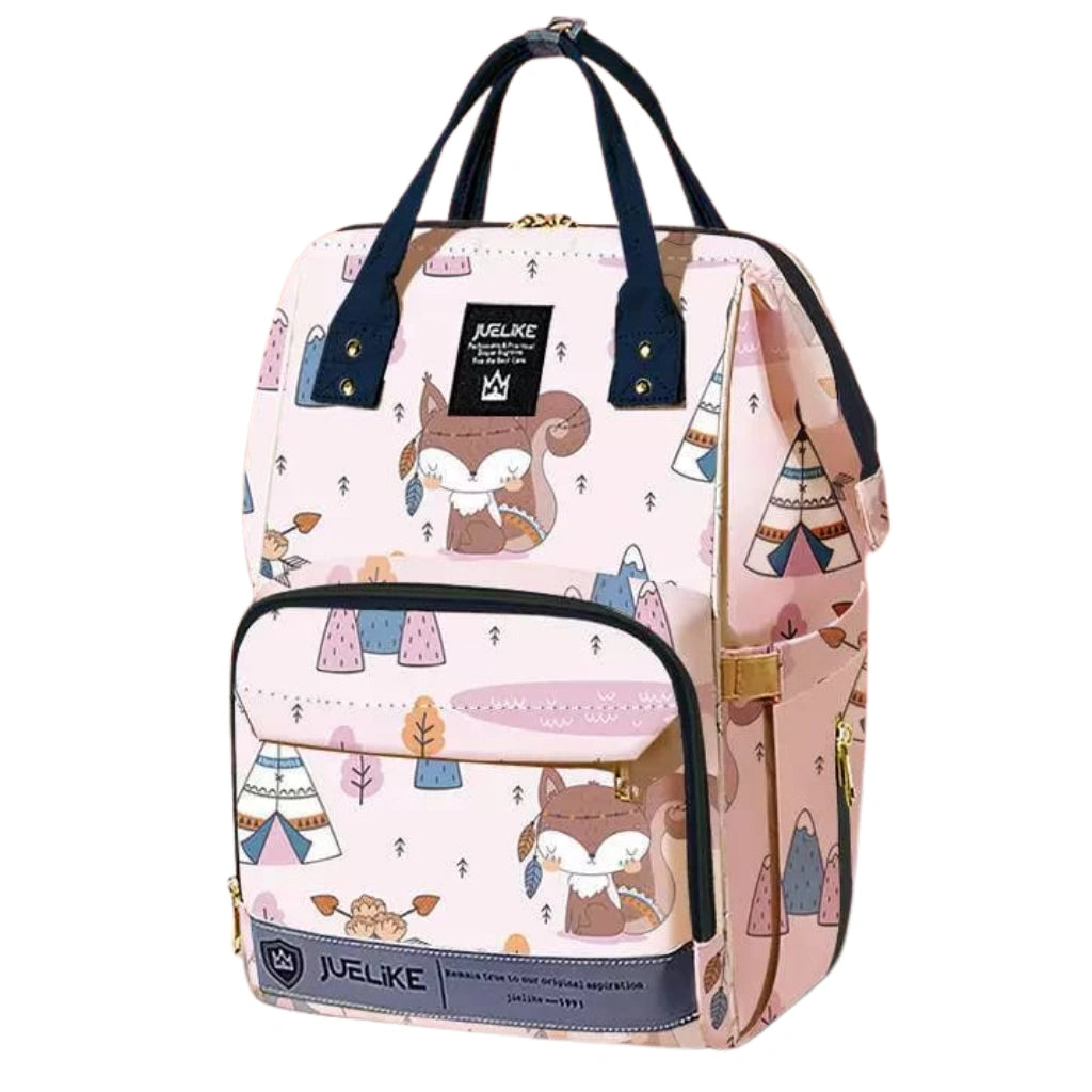 Backpack with fox and teepee pattern on a white background