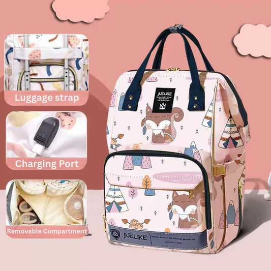 Backpack with animal pattern on a pink background, featuring luggage strap, charging port, and removable compartment.