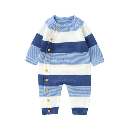 Blue - {Blue and white striped baby romper with buttons on a white background}