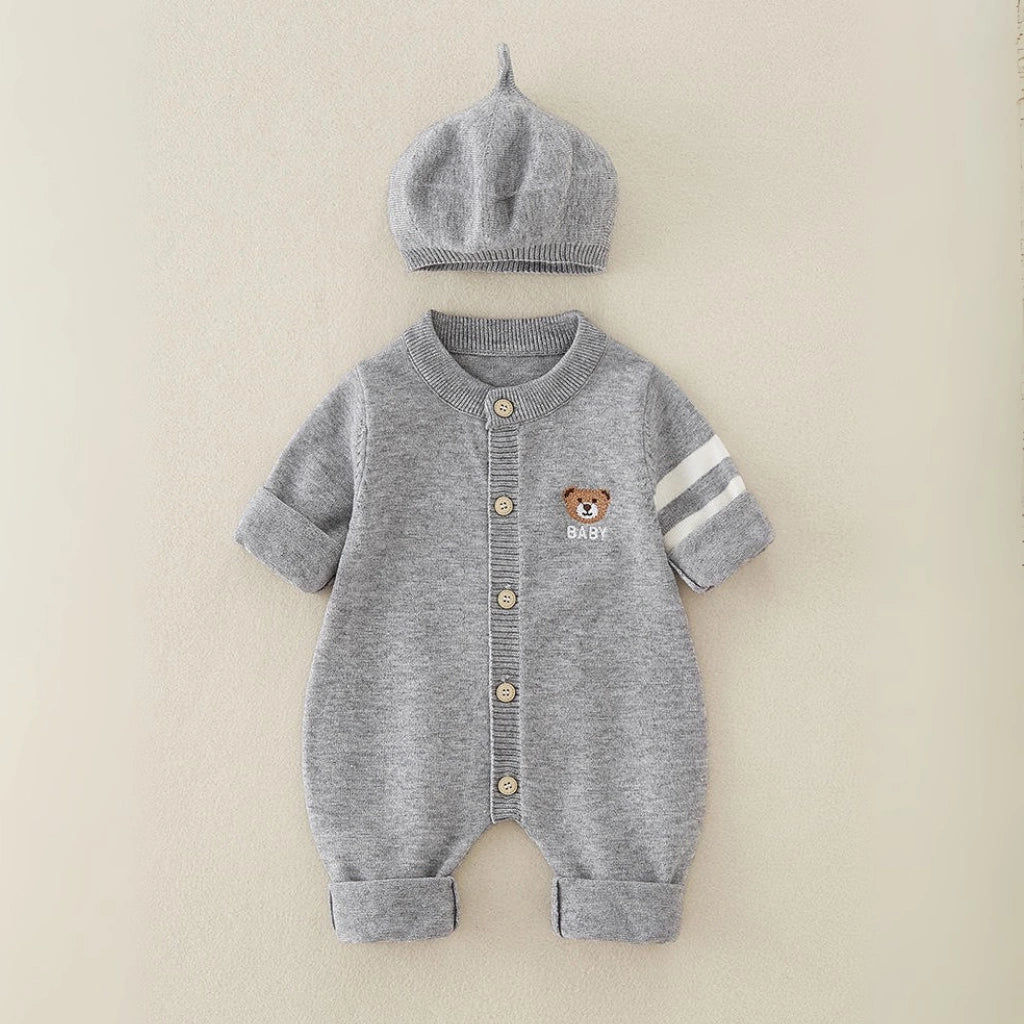Knitted Baby Jumpsuit with Hat Set - Teddy Bear
