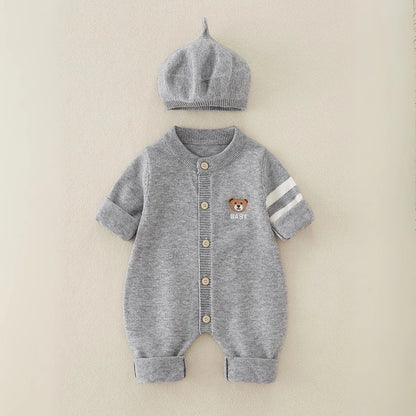 Knitted Baby Jumpsuit with Hat Set - Teddy Bear