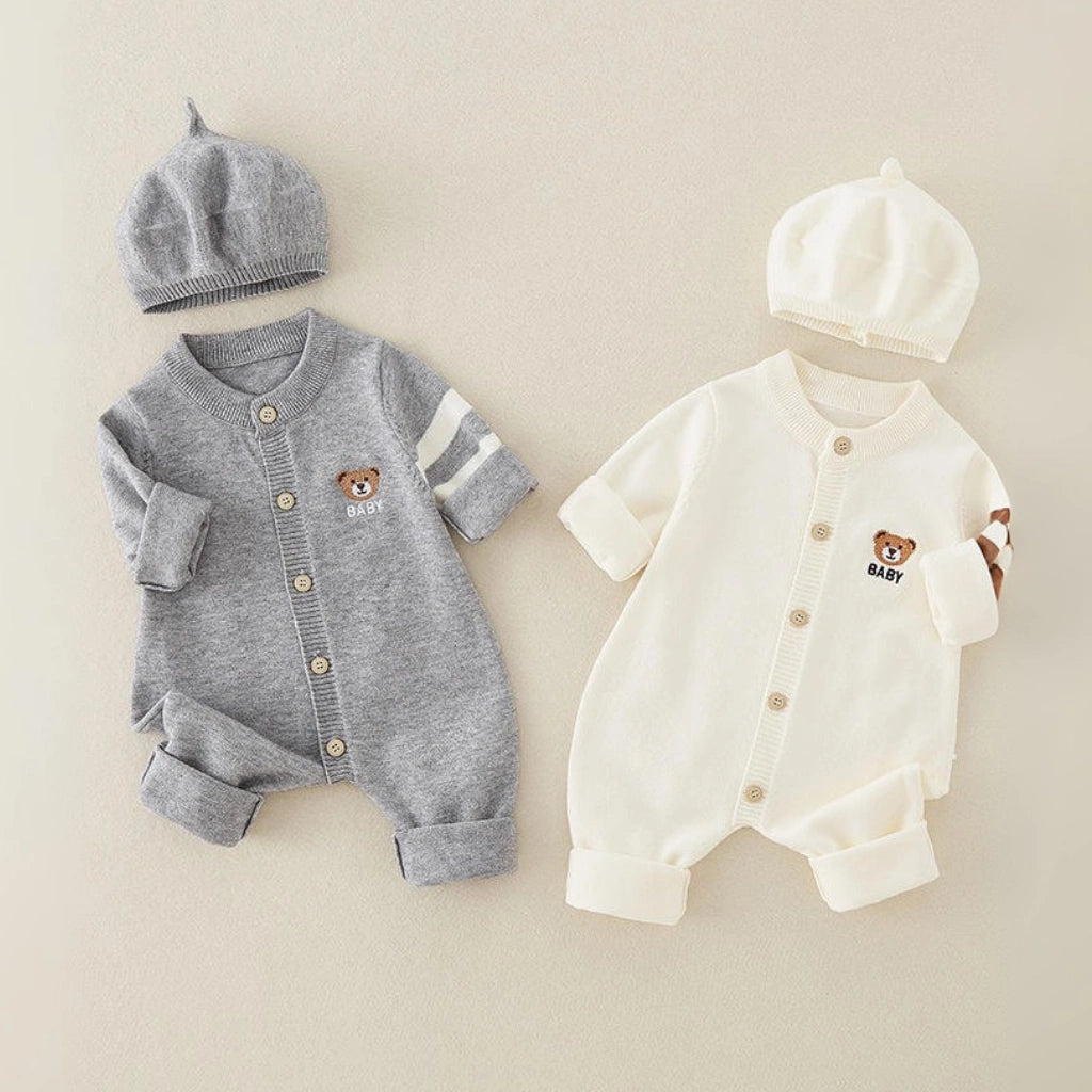 Knitted Baby Jumpsuit with Hat Set - Teddy Bear