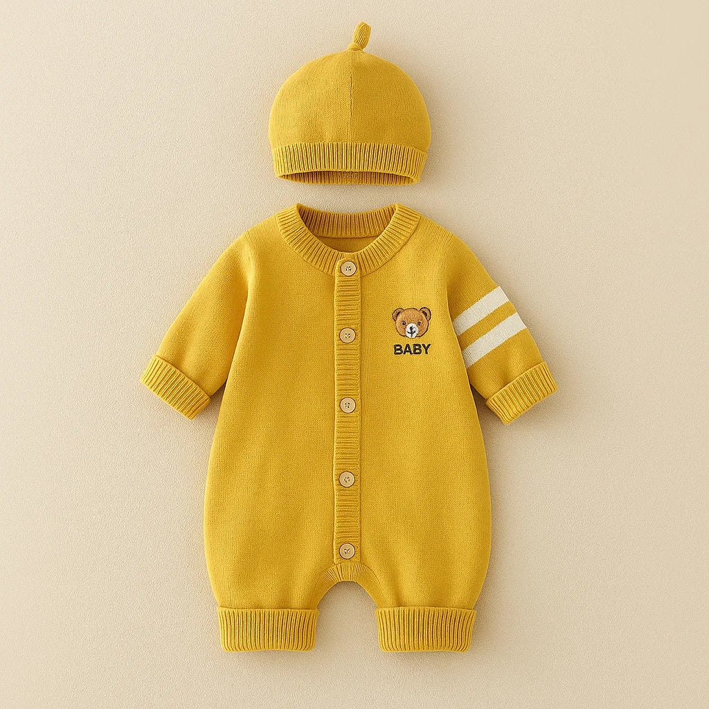 Knitted Baby Jumpsuit with Hat Set - Teddy Bear