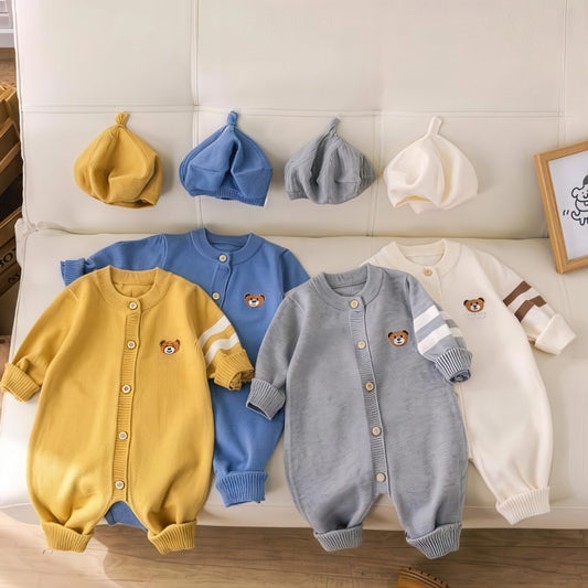 Knitted Baby Jumpsuit with Hat Set - Teddy Bear