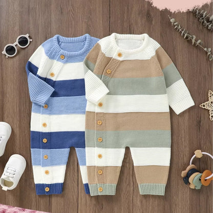 Cover Image - Two striped baby rompers on a wooden surface with toys and shoes around.