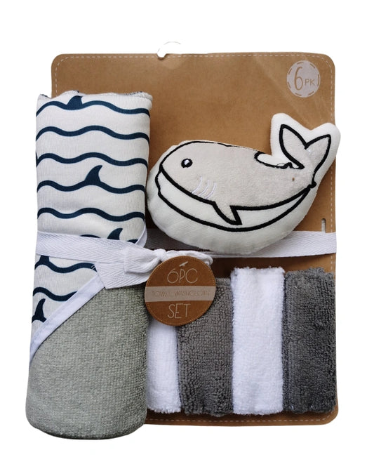 Set of 6 Baby Hooded Towels in Gift Packing - Whale Design