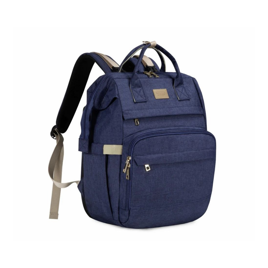 Blue backpack with multiple pockets and straps on a white background