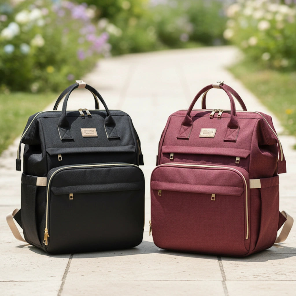 Black and burgundy backpacks on a stone path with greenery in the background