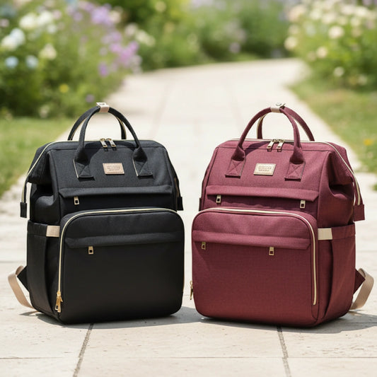 Black and burgundy backpacks on a stone path with greenery in the background