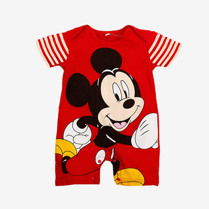 The Alaya Junior Disney Themed Rompers for Summer is a vibrant red, 100% cotton romper featuring short sleeves and charming red and white stripes. A large cartoon mouse graphic with a cheerful expression, yellow shoes, and red shorts adorns the front—perfect for your little one!.