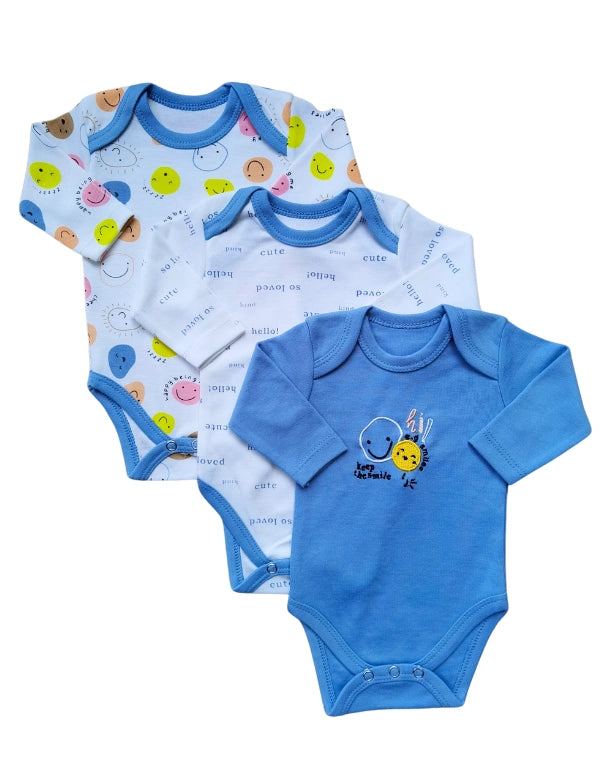 Sunnozy Pack Of 3 Cotton Bodysuits Blue Mix