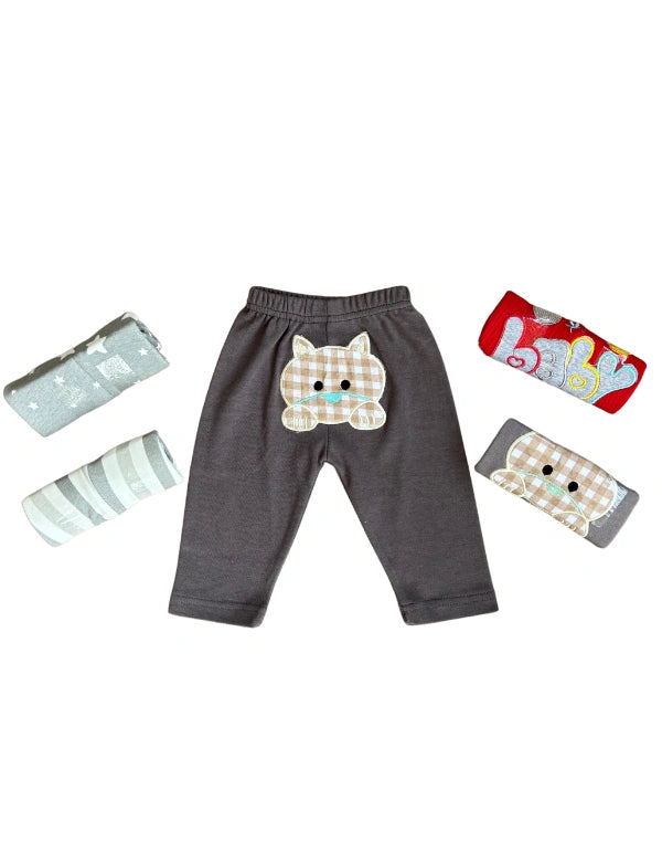 Pack of 5 Unisex Baby Trousers with Colorful Cute Embroidery