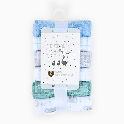 A pack of twelve neatly folded washcloths secured with a white ribbon. The bundle features a label that reads "Alaya Junior" with illustrations of ducks and stars. Perfect for a newborn baby, the washcloths come in various shades of blue, green, white, and grey.