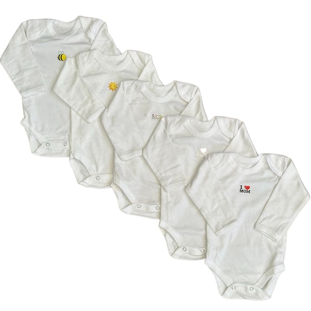 The Carter's Pure Comfort Pack by Alaya Junior, featuring five white bodysuits for babies aged 0-9 months, is a stylish unisex essential. Each long-sleeved bodysuit showcases a delightful embroidered design: a bee, a sun, the word "love," a heart, and the phrase "I ♥ Mom." Perfectly lined up in a row, these baby essentials are ideal for anyone looking to add style to their little one's wardrobe.