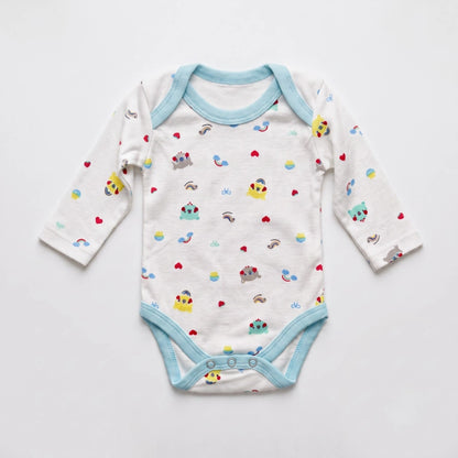 A long-sleeve baby bodysuit with a white base, light blue trim, and a colorful cartoon animal print, laid flat on a white background.