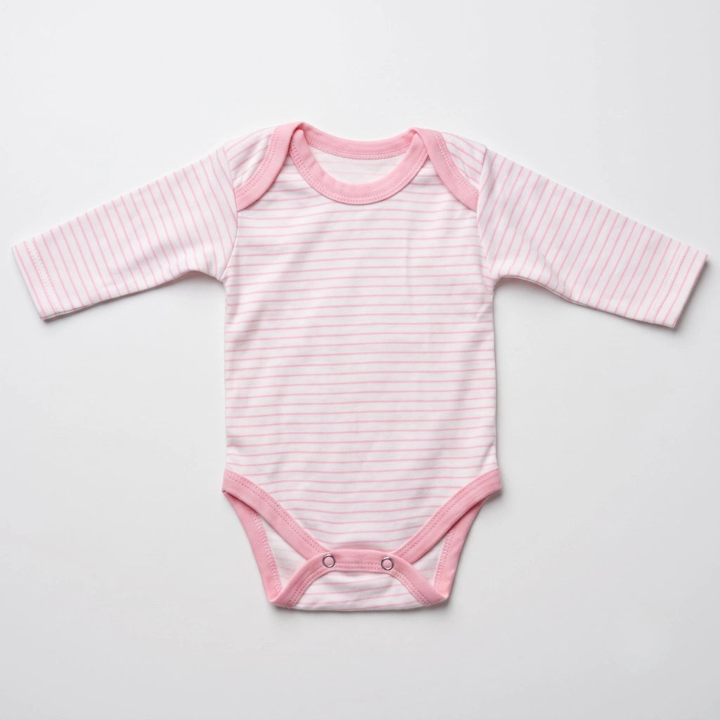 A long-sleeve baby bodysuit with a light pink and white stripe pattern, featuring solid pink trim on the collar, sleeve cuffs, and crotch, laid flat on a light gray background.
