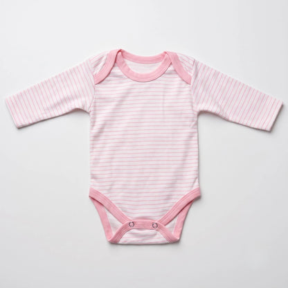 A long-sleeve baby bodysuit with a light pink and white stripe pattern, featuring solid pink trim on the collar, sleeve cuffs, and crotch, laid flat on a light gray background.