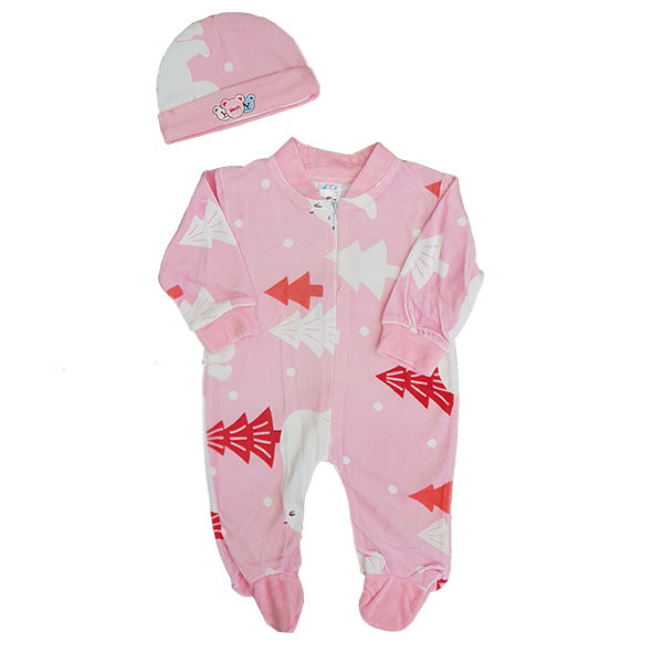 The Alaya Junior Crew Neck Adorable Warm Winter Zipper Romper is a cozy and cute newborn baby outfit perfect for Pakistan. This pink onesie features long sleeves, covered feet, and red and white arrow/tree designs. It comes with a matching pink hat adorned with a small embroidered bear face.