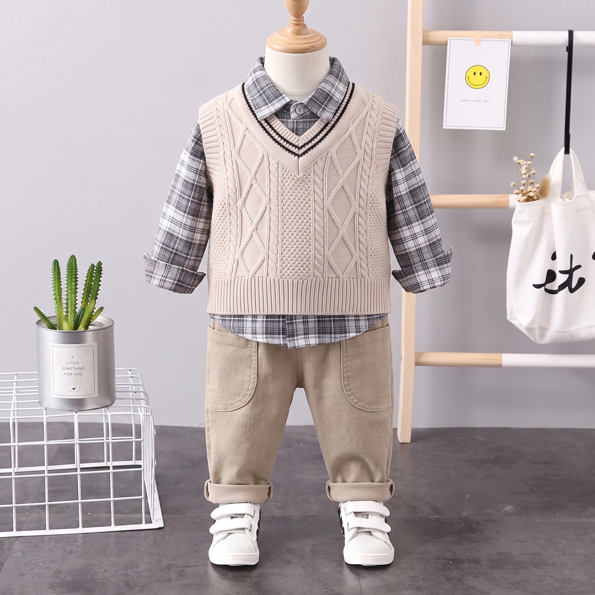 3-Piece Boys Plaid Vest Set  – Cable Knit Vest, Plaid Shirt & Cargo Pants (6M–5Y)