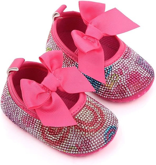 Rainbow Princess-Inspired Crystal Bowknot Soft First Walkers for Baby Girls