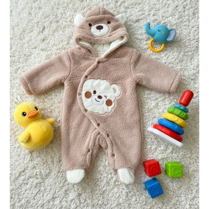 Baby Winter Fluffy Bear Romper with Hood - Warm Footed Jumpsuit