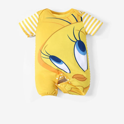 The Alaya Junior Disney Themed Summer Romper is an adorable yellow baby outfit made from 100% cotton, featuring a large Tweety Bird face, white and yellow striped sleeves, and convenient snap buttons—perfect for any collection.