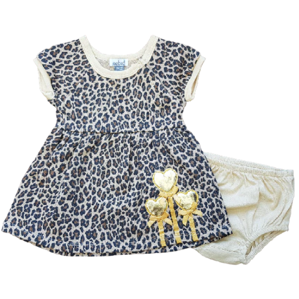 Introducing the Hearts Embossed Cheetah Printed Frock & Shorts Set by alayajunior, a stylish newborn baby outfit featuring a short-sleeve dress adorned with a chic cheetah print and embellished with three golden heart-shaped balloons on the lower left side. The coordinating diaper cover is a sleek beige color, making it an ideal choice for those seeking fashionable baby clothing in Pakistan.