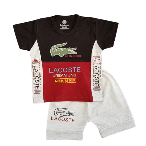 Introducing the Toddler Boy Cotton Summer Shirt & Shorts Set by alayajunior—an adorable outfit for newborn babies. The set includes a short-sleeve t-shirt with a striking black and red color scheme, featuring "GECK RIDER" and "LACOSTE URBAN JNS" text alongside a distinctive crocodile logo. The accompanying light gray shorts are adorned with a smaller crocodile logo and "LACOSTE" text. This perfect infant clothing set is ideal for little ones in Pakistan!