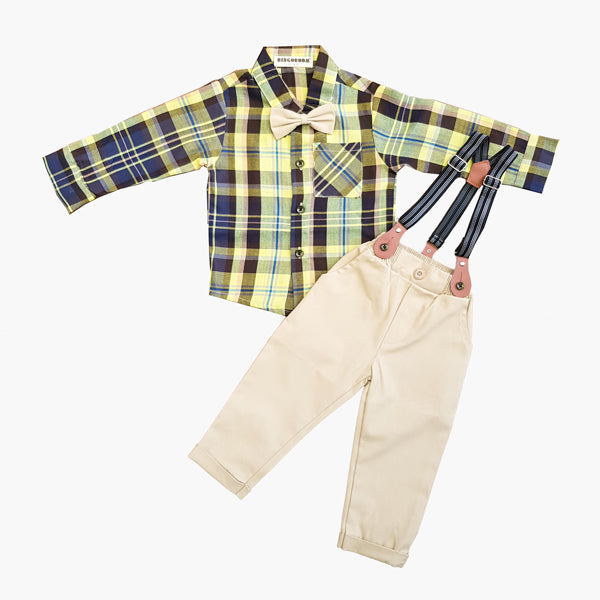 Printed Check Suit With Bow & Suspender