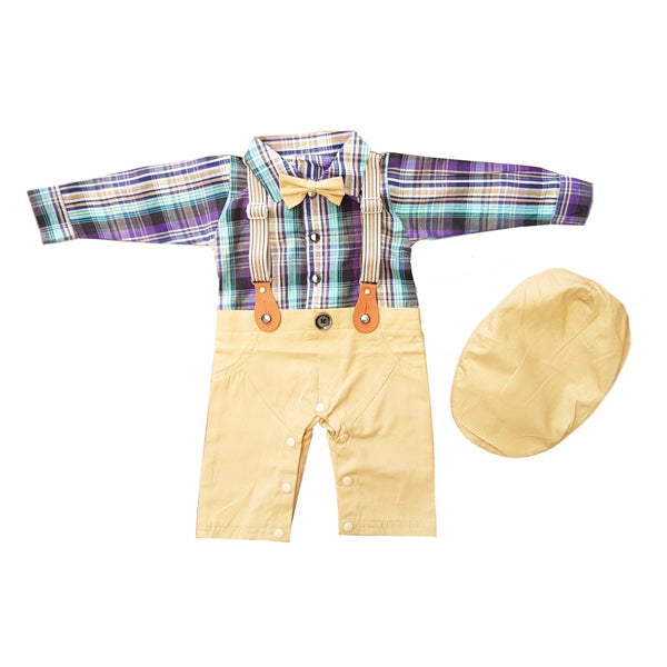 Printed Check Romper With Suspender & Hat