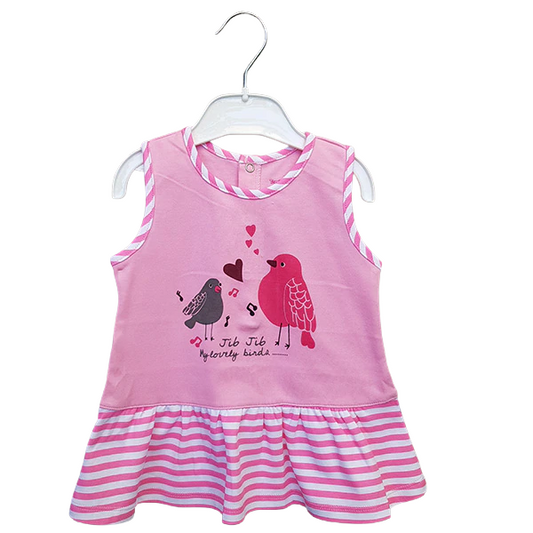 The Jib Jib Toddler Frock by alayajunior is a pink, sleeveless child's dress adorned with white and pink striped trim and skirt. It showcases a charming print of two birds, one gray and one pink, surrounded by musical notes and hearts. The text below the design reads, "Tili Tili My lovely birds." Perfect for newborn baby clothing in Pakistan, it is displayed on a white hanger.