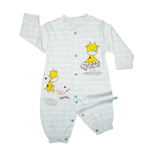 The Printed Cotton Romper Midseason by alayajunior is a charming baby onesie in white and grey stripes, featuring two delightful yellow giraffe illustrations. One giraffe holds a sign that reads "Tomstar," while the other sits among abstract designs. With convenient snap buttons running down the front and legs, this adorable infant outfit from Pakistan is perfect for your newborn baby.