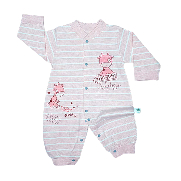 The alayajunior Printed Cotton Romper Midseason is a pink and white striped long-sleeve newborn baby romper with a snap-button front. It features embroidered designs of two pink giraffes, one with a map labeled "Toronto," along with small decorative stars and trails, making it perfect for infant clothing in Pakistan.