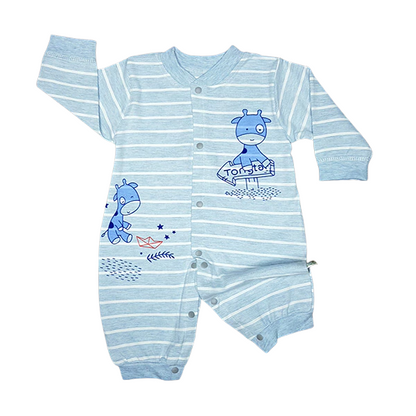 The Printed Cotton Romper Midseason by alayajunior is a light blue striped onesie for newborns, adorned with cartoon giraffes outlined in blue and playful designs. One giraffe holds a sign while another peeks out, surrounded by small decorative elements like stars and leaves. The romper features snaps running down the front and legs, making it ideal infant clothing from Pakistan.