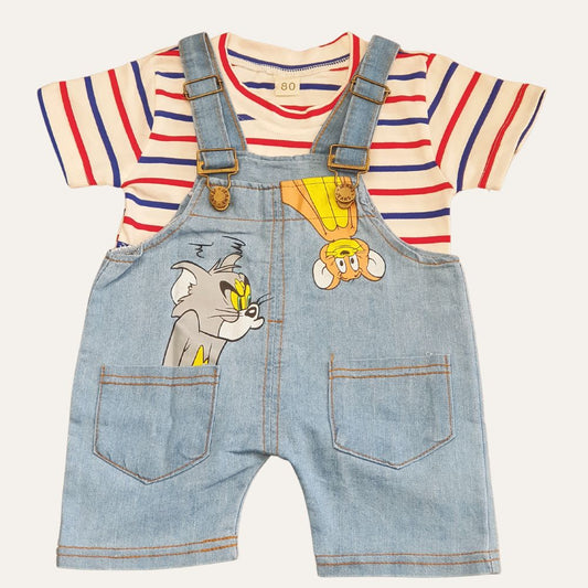 Adorable 2 Pcs Tom & Jerry Striped Dungaree