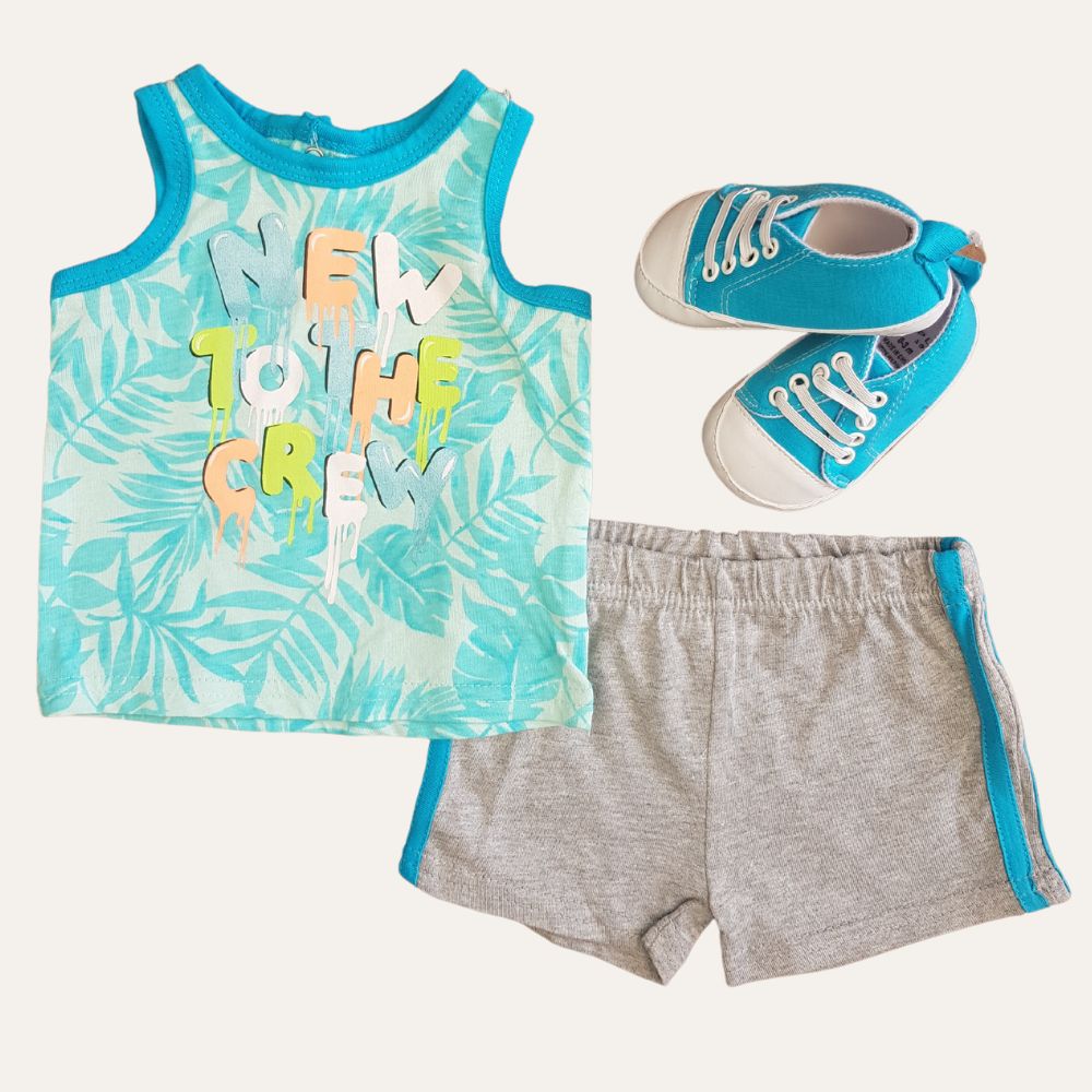 3 Pcs Summer Cotton Sleeveless T-Shirt and Short Pants Set With Shoes For Baby Boys