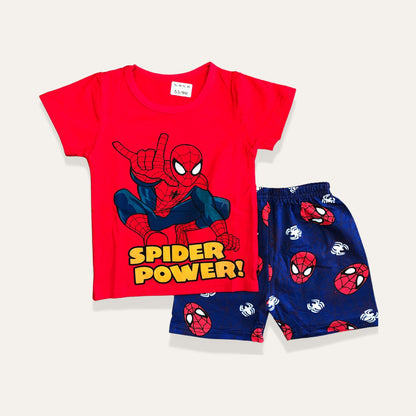 Introducing the Spider-Man Graphic Tee and Casual Short Set for Boys by Alaya Junior – a Marvel 2-Pack that's ideal for infant clothing in Pakistan. This set features a red T-shirt with an eye-catching image of Spider-Man and the text "Spider Power!" below. The matching blue shorts are decorated with a pattern of Spider-Man's face and white spider icons, making it perfect for your little superhero.