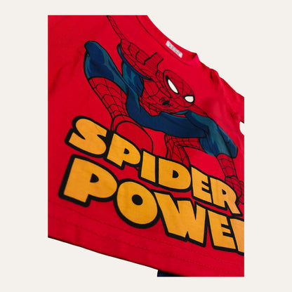 The Spider-Man Graphic Tee and Casual Short Set for Boys - Marvel 2-Pack by Alaya Junior features a red t-shirt with a graphic of Spider-Man in an action pose above bold yellow text that reads "SPIDER POWER," perfect for adding flair to baby clothing in Pakistan.